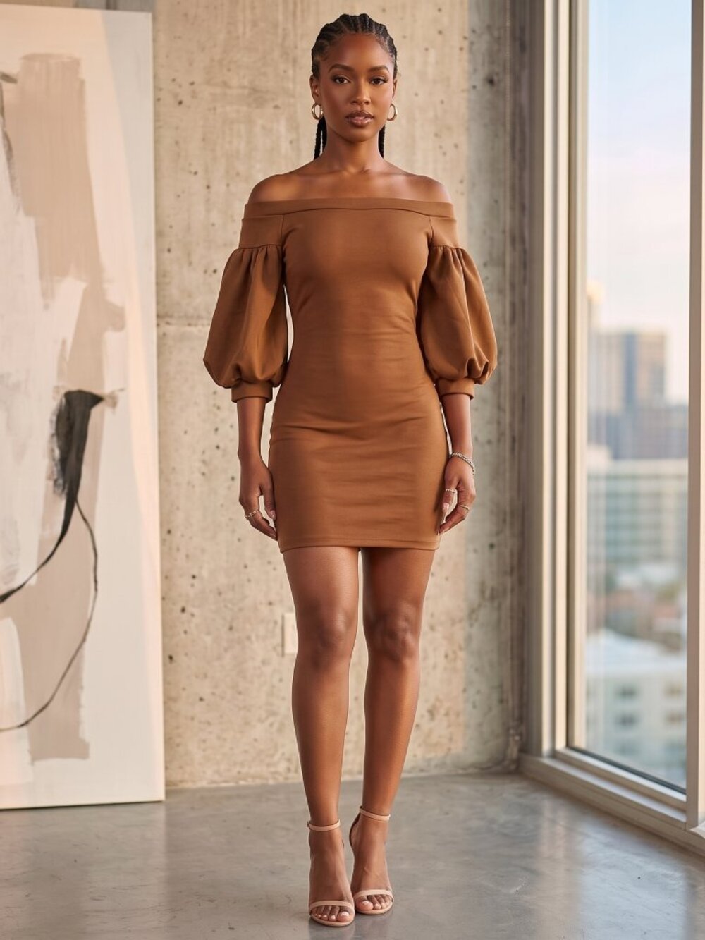 Women’s brown dress with puffer sleeves size Medium